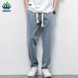 Spring Summer Mens Jeans Cotton Soft Drawstring Straight Pants Elastic Waist Vintage Korea Casual Trousers Male Plus Size S-5XL 240426