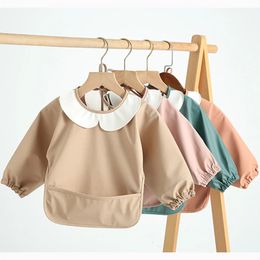 Easy Clean PU Full Sleeve Bib Baby Kids Solid Colour Soft Faux Leather Children Apron Painting Meals Protection Waterproof Smock 240429