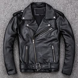 Spring Classical Motorcycle Oblique Zipper Jackets Men Leather Jacket Natural Calf Skin Thick Slim Cowhide Moto Biker Man 240426