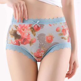 Women's Panties Summer Sexy Ultra-thin Mesh Underwear Colorful Floral Printing Middle Waist Breathable Ice Silk Lace Briefs For Women