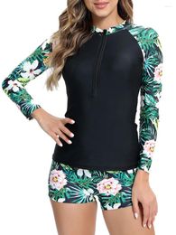 Women's Swimwear 2024 Floral Long Sleeve Surfing Swimsuit Women Two Piece Female Bathers Bathing Swimming Swim Suit Beachwear