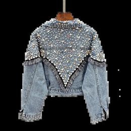 Mujer Spring Autumn Streetwear Denim Jacket Women Handstudded Pearls Punk Tassel Veste Femme Loose Short Jeans Coats 240423