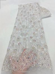 White Lace Fabric Nigerian Fabric 5yrds Luxury Lace Fabric Fashion Beaded Embroidered Lace Fabric With Sequin For Sewing dYa01-2 240422