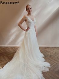 Elegant 3D Flowers Open Back A-Line Wedding Dresses Spaghetti Straps Appliques Lace Bridal Gowns Robe De Mariee