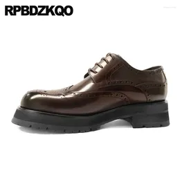 Casual Shoes Cowhide Oxfords Thick High Quality Derby Men Business Lace Up Brogue Brown Brush Platform Wingtip Dress Chunky Round Toe
