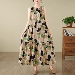 Casual Dresses Thin Light Cotton Print Dots Patchwork Sleeveless Loose Vintage Summer Dress Women Holiday Travel Style Beach Long