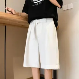 Men's Shorts Casual Men Mid-rise Suit With Belt Solid Colour Straight Wide Leg Office Knee Length Workwear