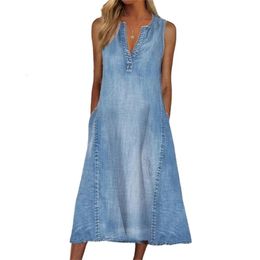 Summer Thin Sleeveless Denim Blue Dress Women V Neck Pullover Dresses Female Comfortable Casual Loose Gown Trend Streetwear 240426