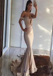 Simple Style Ruffles Evening Gowns 2016 Satin Long Mermaid Prom Dresses Sweep Train Arabic Sexy Backless Formal Party Dresses Cust7490744