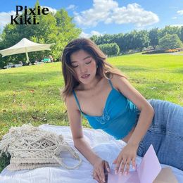 Women's Tanks PixieKiki Butterfly-applique Blue Mesh Sheer Sexy Crop Tops Women 2024 Summer Y2k Clothes Deep V Backless & Camis P71-BC10