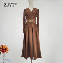 Casual Dresses ZJYT Elegant Lace Patchwork Midi For Women Spring Fashion Long Sleeve Party Dress V Neck Vintage Aline Vestidos