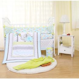 100 Cotton Crib Baby Comforter Bedding Set Cute Applique Embroidery Elephant and Tree 5 Pieces Crib Bedding Set for Baby 240429