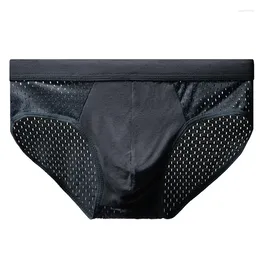 Underpants 1Pc Sexy Men Underwear Solid Color Mesh Panties Mid-waist Seamless Briefs Hollow Breathable Men's Lingerie L-3XL