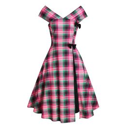 Casual 50s Fashion Cap Sleeve Plaid Bowknot Overlap Sleeveless A Line Knee Length Dress 240426