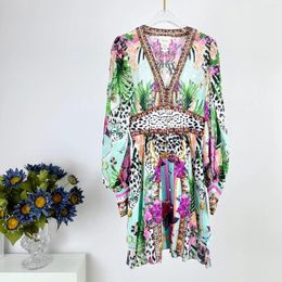 Casual Dresses High Quality Silk Green Floral Leopard Print Diamonds Pressed Long Sleeve Mini Dress