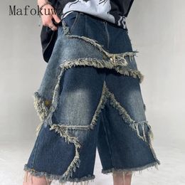 American Retro Niche Star Patches Tassel Denim Shorts Mens Loose Casual Hiphop Street Fivepoint Pants Men Bottom Male Clothes 240430