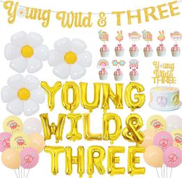 Party Decoration Funmemoir Groovy 3rd Birthday Decorations For Girls Young Wild And Three Banner Cake Toppers Daisy Balloons Retro Hippie