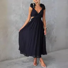 Casual Dresses Solid Color Strappy Dress Elegant Lace-up Maxi With Ruffle Pleated Cross Back Design Women's Ankle Length Prom Party