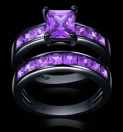 Noble purple square CZ Zircon couple Rings Set black Gold filled Wedding alliance For Women no17335094979