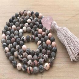 Chains 8mm Pink Zebra Stone 108 Beads Tassel Knotted Necklace Bless Buddhism Cuff Colorful Handmade Wrist Chic Lucky Healing