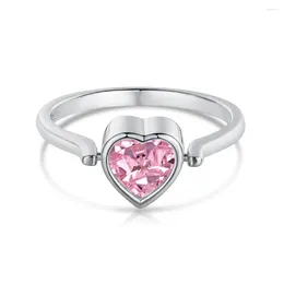Cluster Rings S925 Silver Ring Loving Female Fashionable And Rotable Pink Heart Shaped Zircon Jewellery