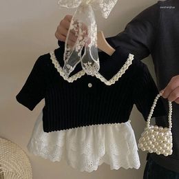 Clothing Sets Children Girls Lace Patchwork Knitted Top 2024 Fashionable Lapel Shirt Cake Skirt Two Piece Set