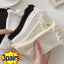 Women Socks 1/3pairs Cotton Ruffles Ankle INS Cute Kawaii Luxury Korean Sock Girl Spring Black White Middle Tube Japanese Sox