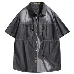 Men's Casual Shirts Denim Shirt Men Summer Short Sleeve Vintage Harajuku Cargo Jacket Male