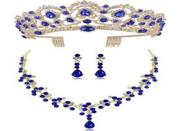 DIEZI New Red Green Blue Crown And Necklace Earring Jewellery Set Tiara Rhinestone Wedding Bridal Jewellery Sets Accessories2168758