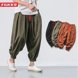 FGKKS Spring Men Loose Harem Pants Chinese Linen Overweight Sweatpants High Quality Casual Brand Oversize Trousers Male 240428