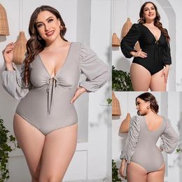 Women's Swimwear Beach Swimming Wear Black Gray Summer Long Sleeve Sexy Deep V-Neck One-Piece Bikini 5Xl Solid Color Swimsuits