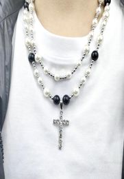Beaded Necklaces Fashion Accessories Hip Hop Stainless Steel Diamond Cross Trendy Men Geometric Contrast Imitation Pearl Chains 203433626
