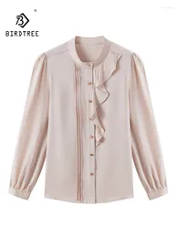 Women's Blouses BirdTree 91.2%Real Silk Elegant Shirt For Women Long Sleeve Ruffled Edge Versatile Temperament Blouse 2024 Spring T42884QC