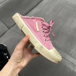 Casual Shoes 2024 European And American Summer Ladies Muller Canvas Distressed Breathable Pink Tassel