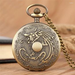 Pocket Watches Bronze Fiery Dragon Men Women Analogue Quartz Watch Arabic Number Dial Necklace Pendant Chain Gift Reloj De Bolsillo