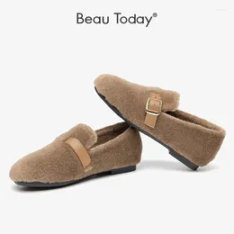 Casual Shoes BeauToday Winter Loafers Warm Textile Wool Metal Duckle Shallow Round Toe Slip-on Style Comfortable Flats Handmade B27842