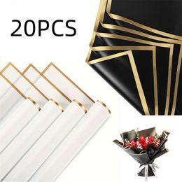 20pcs Golden Edge Flower Wrapping Paper Pure Colour Translucent Waterproof Bouquet Wrapping Florist Supplies for Wedding Gift DIY 240423