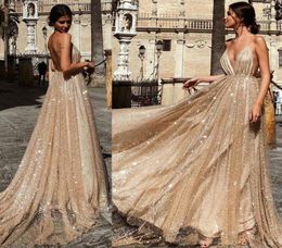 Sparkly Sequins Prom Dresses Long Deep V Neck Straps Full Length Boho Backless Special Occasion Evening Gown Cheap Robes en paille5701580