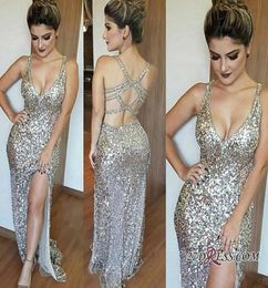 2018 Sexy Spaghetti Straps Silver Sequined Mermaid Prom Dresses Deep VNeck Criss Cross Backless Sleeveless Side Split Evening Gow17310011