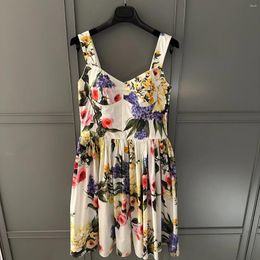 Casual Dresses White Floral Print Sleeveless Sweetheart Neck Umbrella Bottom Plaet Mini Dress For Women