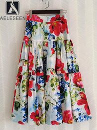 Skirts AELESEEN 2024 Summer Runway Bohemian Cotton Skirt Women Red Floral Print High Waist Elegant Holiday Long Sicilian