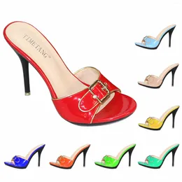 Slippers TIMETANG Summer Women Slides Neon Colors 10.5CM Stiletto High Heels Shoes Sexy Open Toe Buckle Decoration For