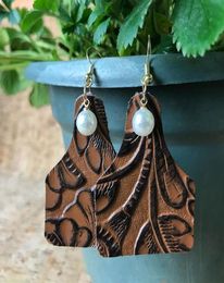 Cow Tag Pearl Embossed Leather Earrings for Women Vintage Boho Western Style Jewellery Cowgirl Handmade Genuine Cowhide Leather7257139