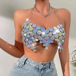 Women's Tanks Women Sequins Backless Halterneck Crop Top Festivals Body Jewelry 066C