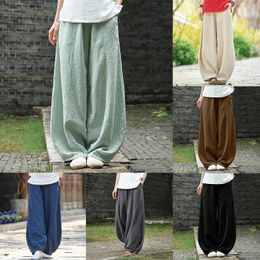 Women's Pants Linen Pocket Women Elastic Breathable Trousers Loose Cotton Waist Pant High Straight Plus Size 2024