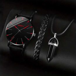 Wristwatches 3pcs Set Fashion Mens es Luxury Casual Leather Quartz Wrist Men Business Sports Wrist Bracelet Necklace Set d240430