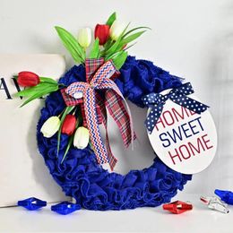 Decorative Flowers Independence Day Tulip Wreath Red White Blue Bowknot Decor Round Front Door Garland Cute Artificial Hanging Ornament