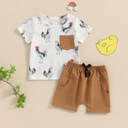 Clothing Sets 0-3Y Toddler Baby Boy Clothes Set Rooster Print Short Sleeve Tops Elastic Waist Solid Color Shorts Infant Summer Outfit