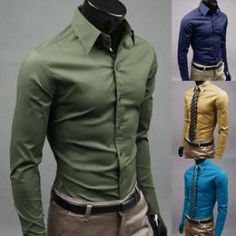 Men Dress Shirt Fashion Solid Color Business Long Sleeve Button Turn Down Collar Top Polyester 240419