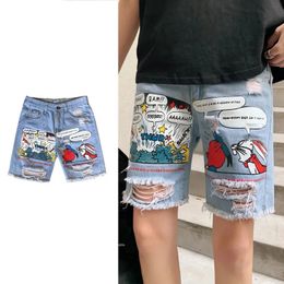 Summer Loose And Perforated Jeans Korean Version High-Quality Thin Cute Anime Printed Denim Shorts For Men Women 240429